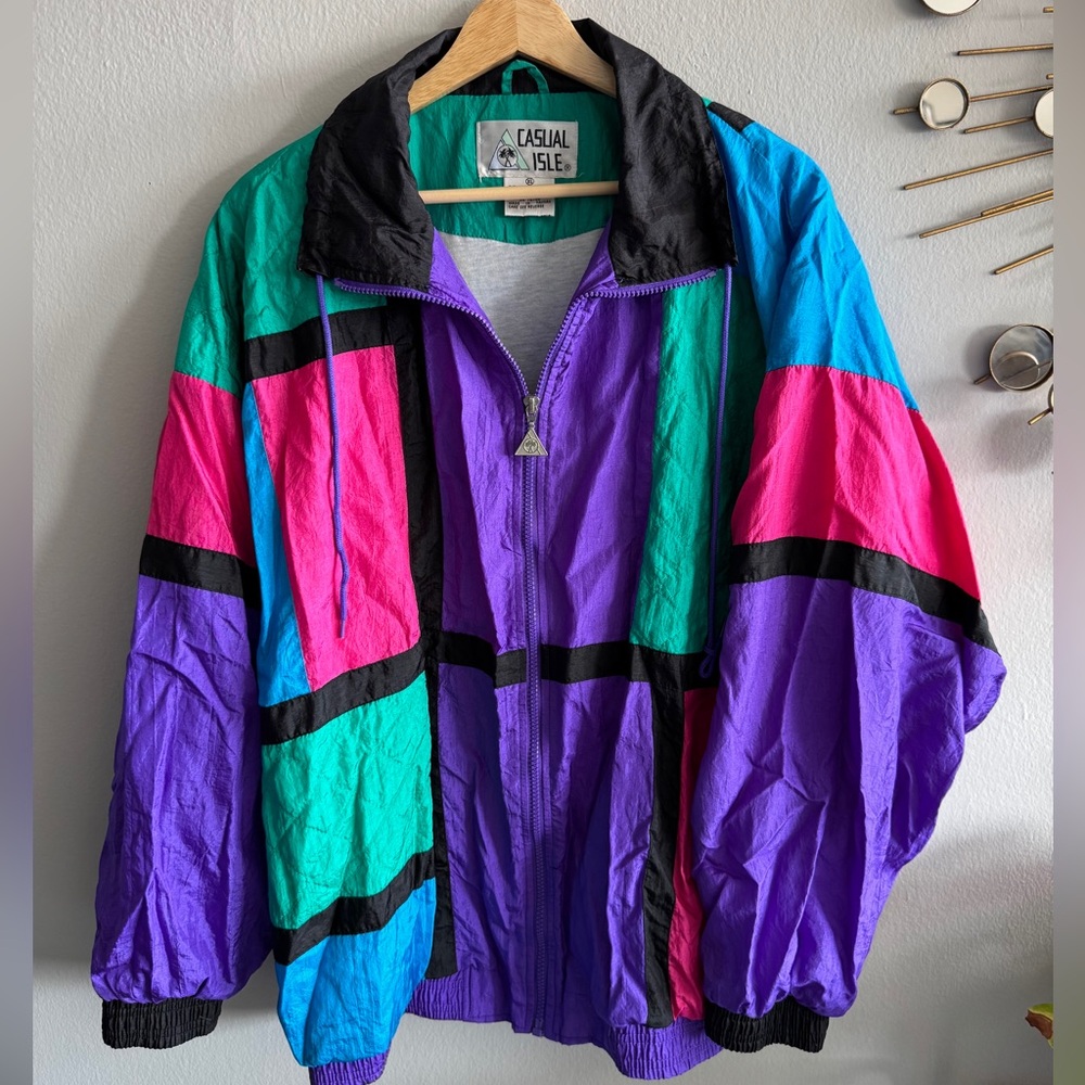 Vintage Casual Isle Windbreaker Jacket 80s Bright Colorblock Retro Streetwear